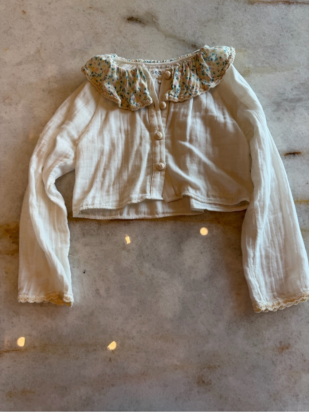 Sea NY x Zara - Cream Peasant  Button Front Crop Top with Floral Collar - Sz 7